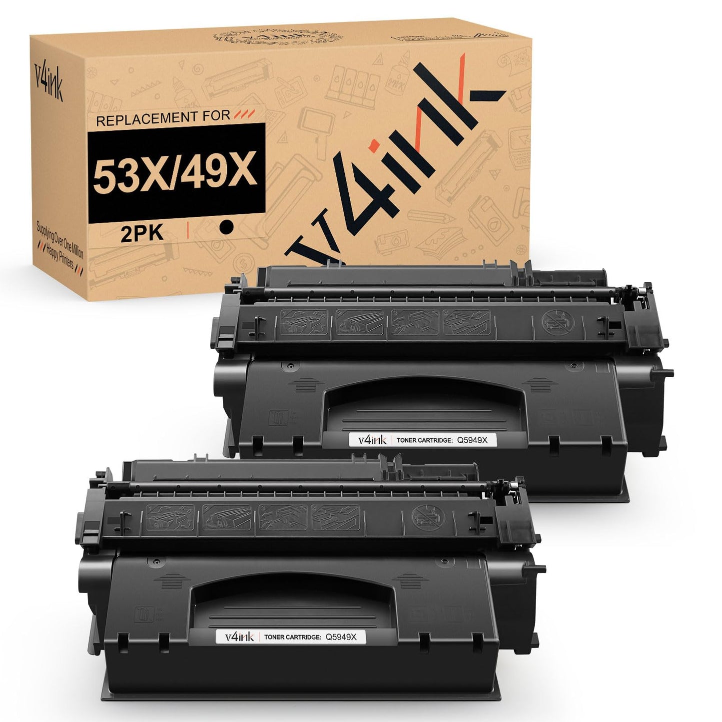 V4INK Compatible Toner Cartridge Replacement for HP 49X Q5949X HP 53X 7553X (Black, 2-Pack), for use in HP Laserjet P2010 P2014 P2015 P2015d P2015dn P2015n P2015x M2727MFP M2727nf MFP Printer