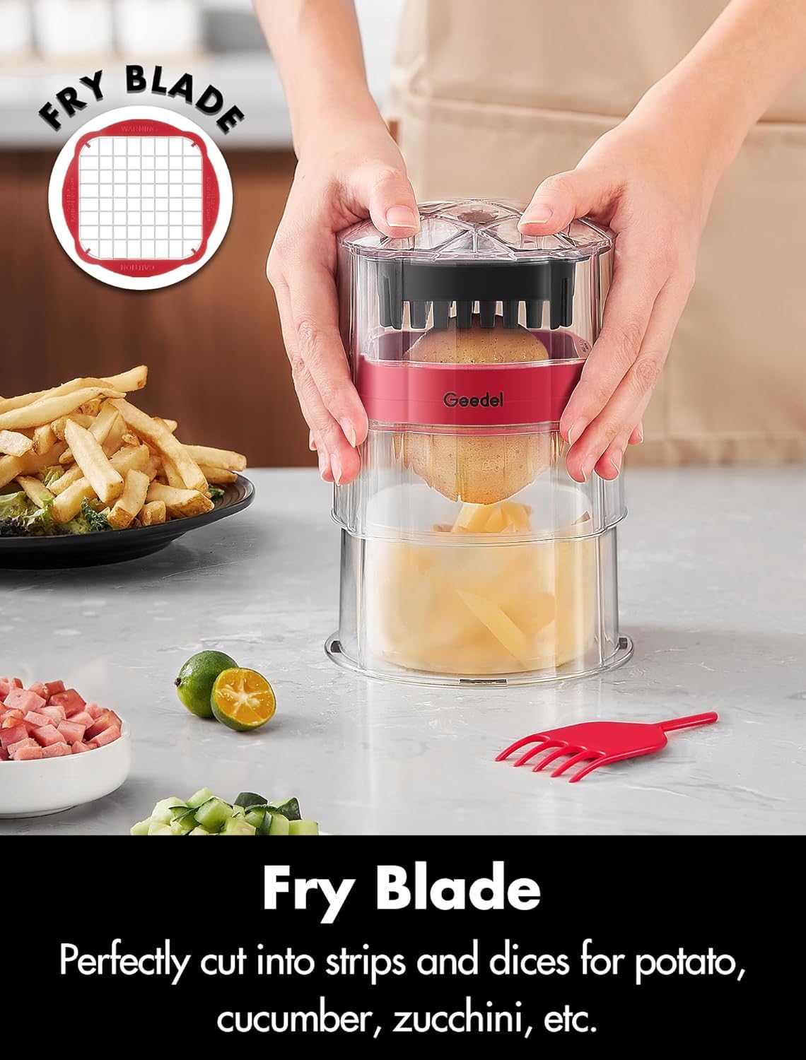 Geedel French Fry Cutter, Onion Chopper Potato Cutter, Easy to Use Food Chopper Manual Vegetable Dicer, Ultra Sharp Blades Fry Cutter Apple Slicer and Corer, 3 Blades