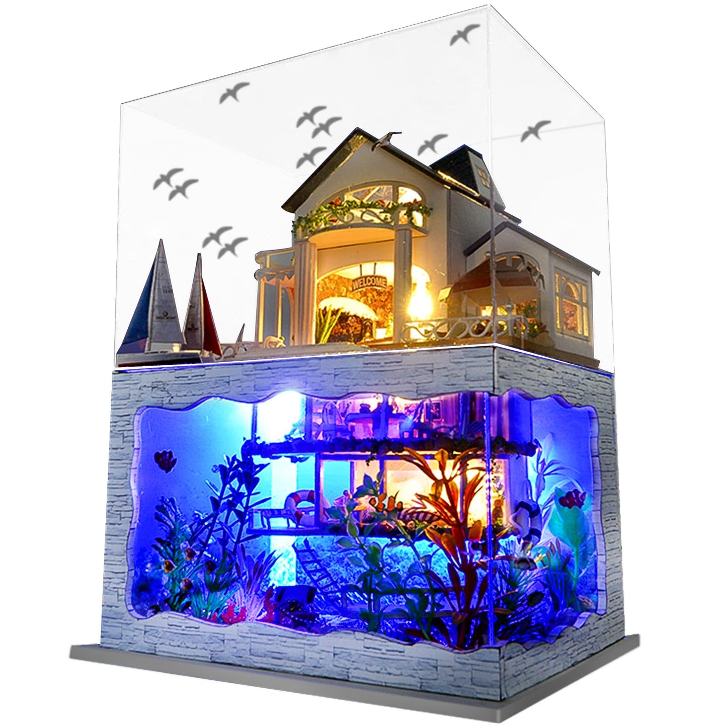 Spilay Miniature Dollhouse Kit with Furniture,DIY Dollhouse Kit Mini Modern Villa Model Plus Dust Cover and Music Box ,1:24 Scale Creative Room Idea for Children Birthday Gift(Hawaii Impression)
