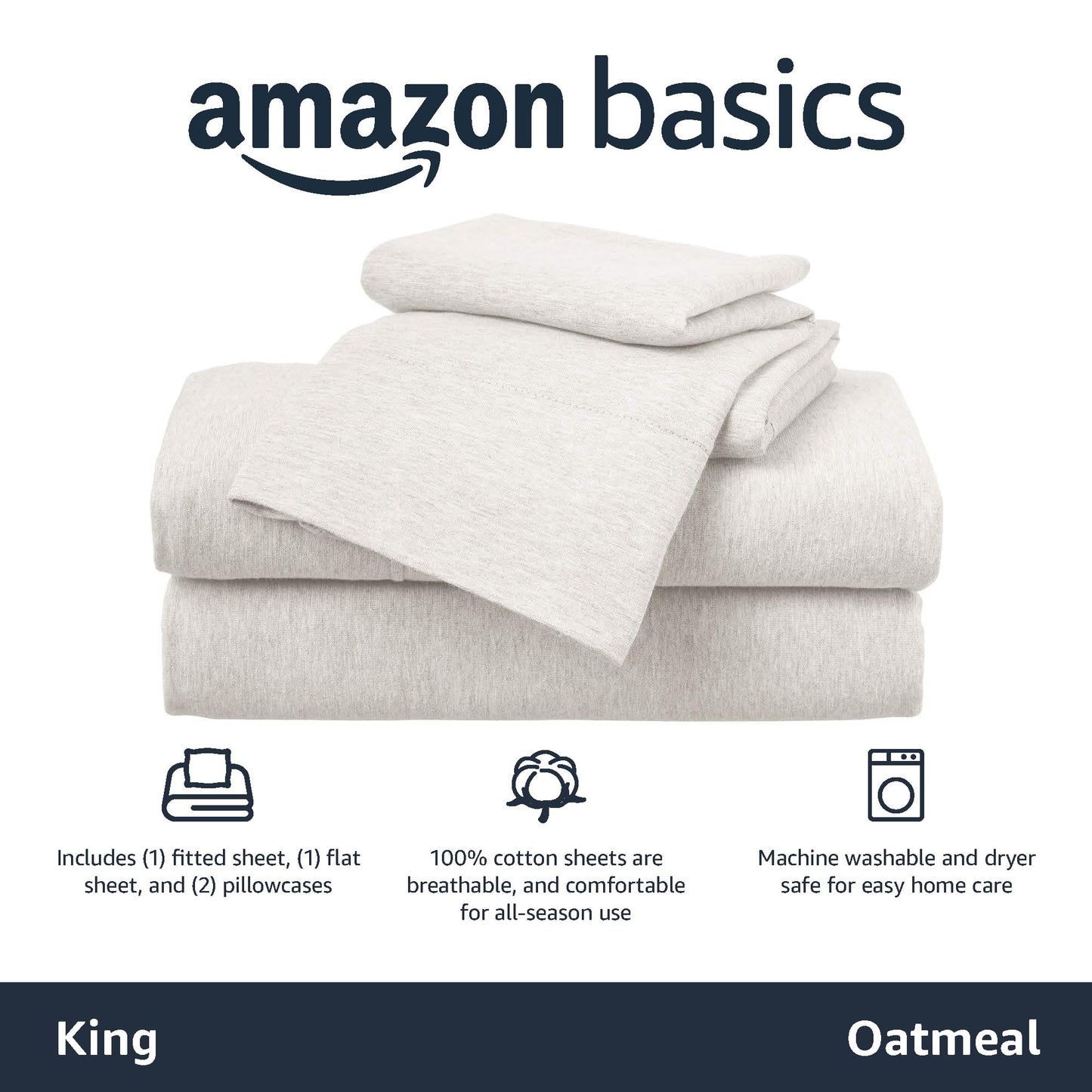 Amazon Basics Heather Cotton Jersey Bed Sheet Set - King, Oatmeal