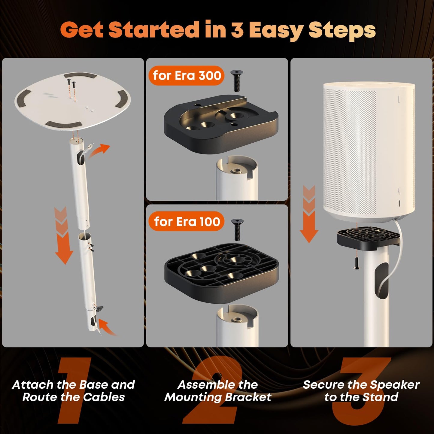 Speaker Stands for Sonos Era-100 & Era-300 - Height Adjustable Floor Stands 29.1''–39'', Dual-Mount Base for Space-Saving Placement, Concealed Cable Management, 11 lbs Max Load, 1 Pair, White