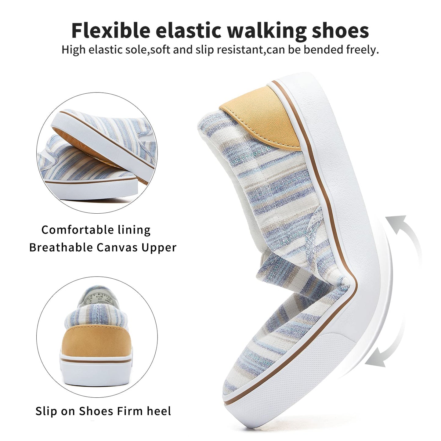 Women's Slip on Shoes Canvas Sneakers Loafers Non Slip Shoes Low Top Casual Shoes, Light Blue Stripes, 7.5