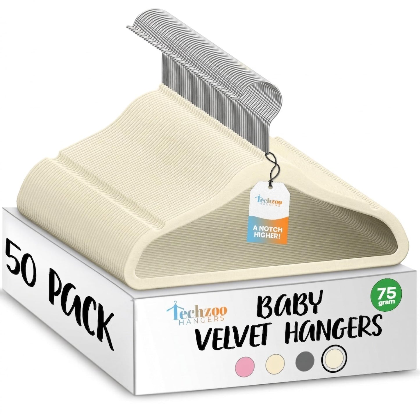 Techzoo Premium Baby Velvet Hangers 50 Pack – 11.8" Non Slip Felt Cloth Hangers for Closet – Ultra Slim, Space Saving Baby Clothes Hangers with 360° Swivel Hook Infant Hangers – Ivory