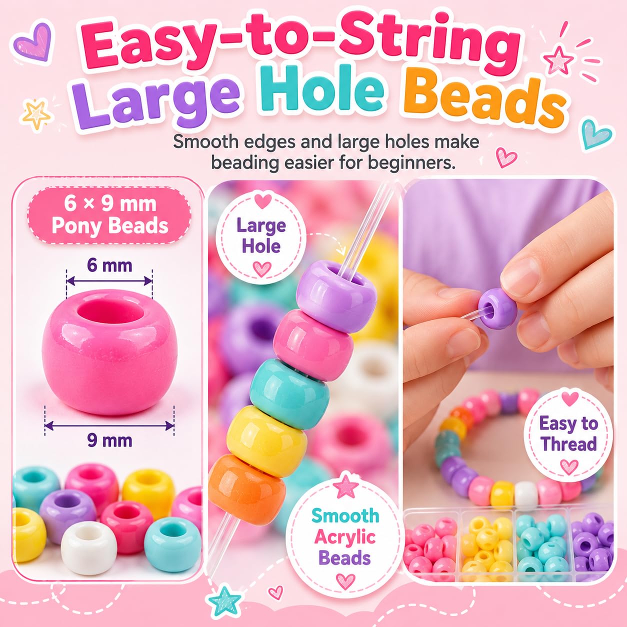 SJZWSD 6 Boxes Bracelet Making Kit Pony Beads, 6x9mm Kandi Rave & Hair Beads Set with UV Color Changing, Glow-in-Dark, Chrome & Alphabet Letters for Friendship Jewelry DIY Crafts