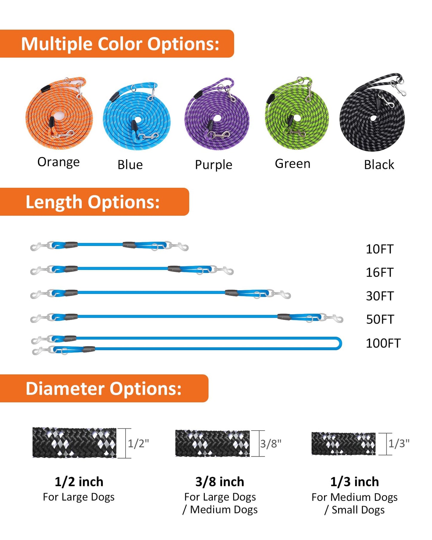 100FT Long Leashes for Dog Training, Reflective Threads Check Cord Recall Training Agility Dog Lead for Large Medium Small Dogs, Dog Tie-Out Cable Great for Playing, Camping, or Backyard