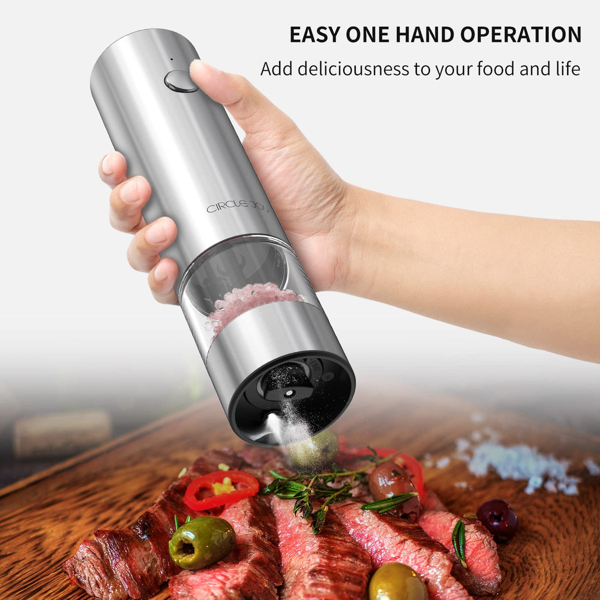 CIRCLE JOY Electric Salt and Pepper Grinder Set, Automatic Spice Grinder Pepper Mills with Portable Dual Charging Station, White Led Light and Adjustable Coarseness