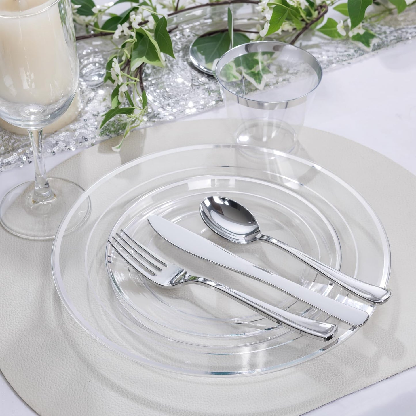 I00000 100PCS Clear Silver Plastic Plates, Clear Plates with Silver Rim, 10 Inch Dinner Plates Premium Party Supply for Wedding Birthdays Party