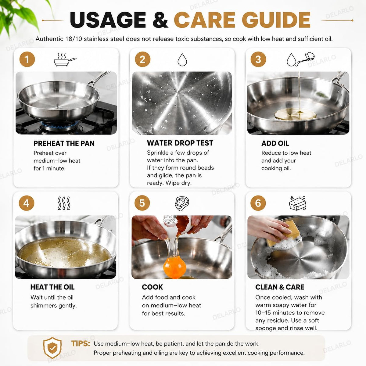 DELARLO Stainless Steel Pan丨10 Inch Skillet with Lid丨Oven Safe Up to 600℉丨Triply Stainless Steel Cookware丨Stainless Steel Pan 10 in丨Induction Compatible丨Fast Even Heat丨Large Cooking Surface