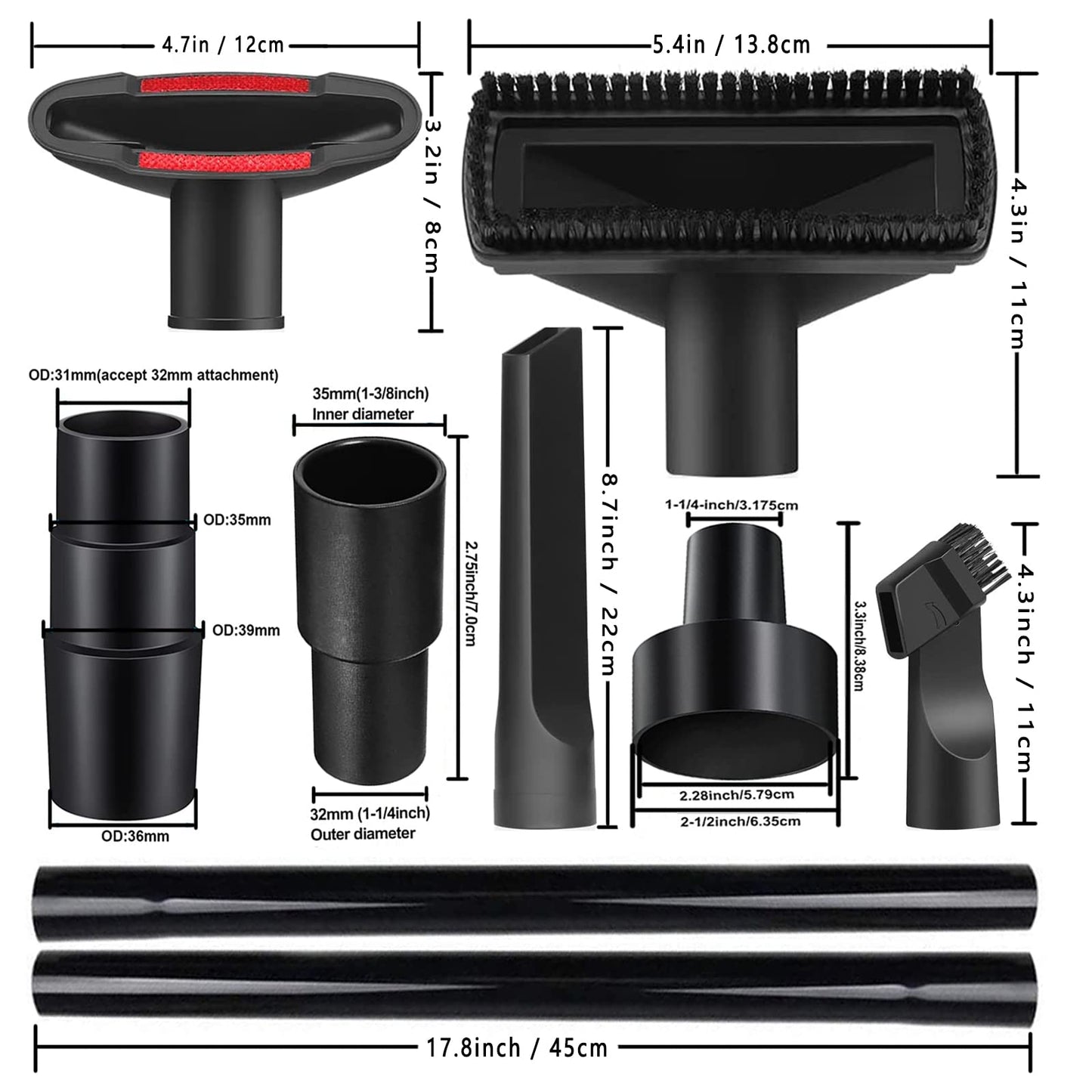 13Pcs Universal Vacuum Attachment Kit 1-1/4" Vacuum Hose Adapter Wet Dry Plastic Vacuum Cleaners Accessories with Extension Wand Horse Hair Brush Flexible Crevice Tool Adapter for Shop Vac Attachment