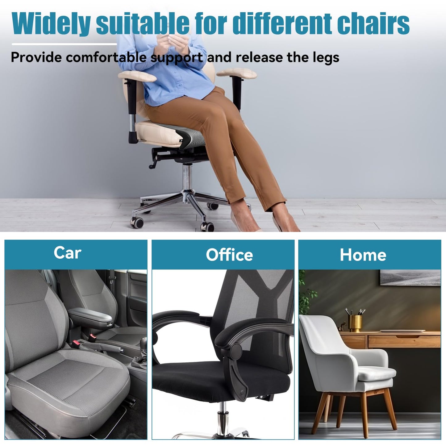 JOJOCY Car Seat Leg Extender Support Cushion, Upgraded Leather & Memory Foam Leg Rest Pad for Drivers, Office Chairs, Buses, Trains, Universal Fit, Breathable, Anti-Slip
