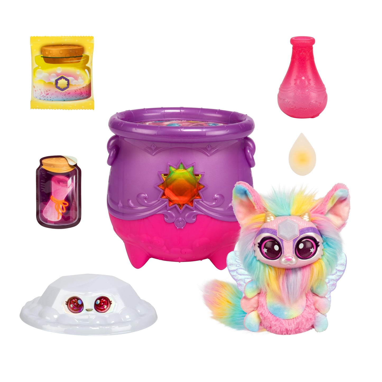 Magic Mixies Magical Gem Surprise Cauldron. with New Shimmer Eyes! Reveal an Mixie Plushie from The Fizzing Cauldron and Discover 2 Magical Solar Gem Surprises!