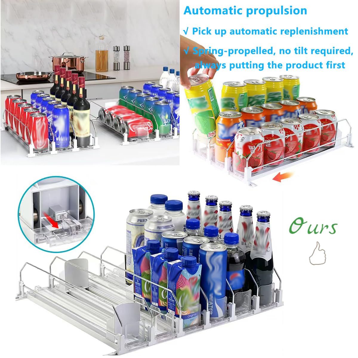 Width17.72 inch x Depth 16.1 inch Large Capacity Automatic Pushing Drink Organizer,Width Adjustable/Space-Saving-with Smooth and Fast Pusher Glide,Drink Organizer for Fridge (White, 6 Rows)