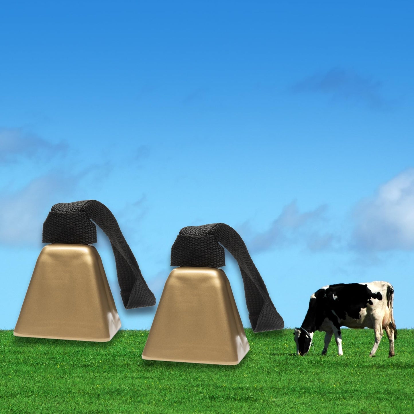 Bevin Bells Long Distance Cow Bells 10LD (Gold & Gold) | Christmas Bells | Made from Steel | Loud Noise Makers | w/White Strap Around The Handle | Easier to Hold | Made in CT, USA