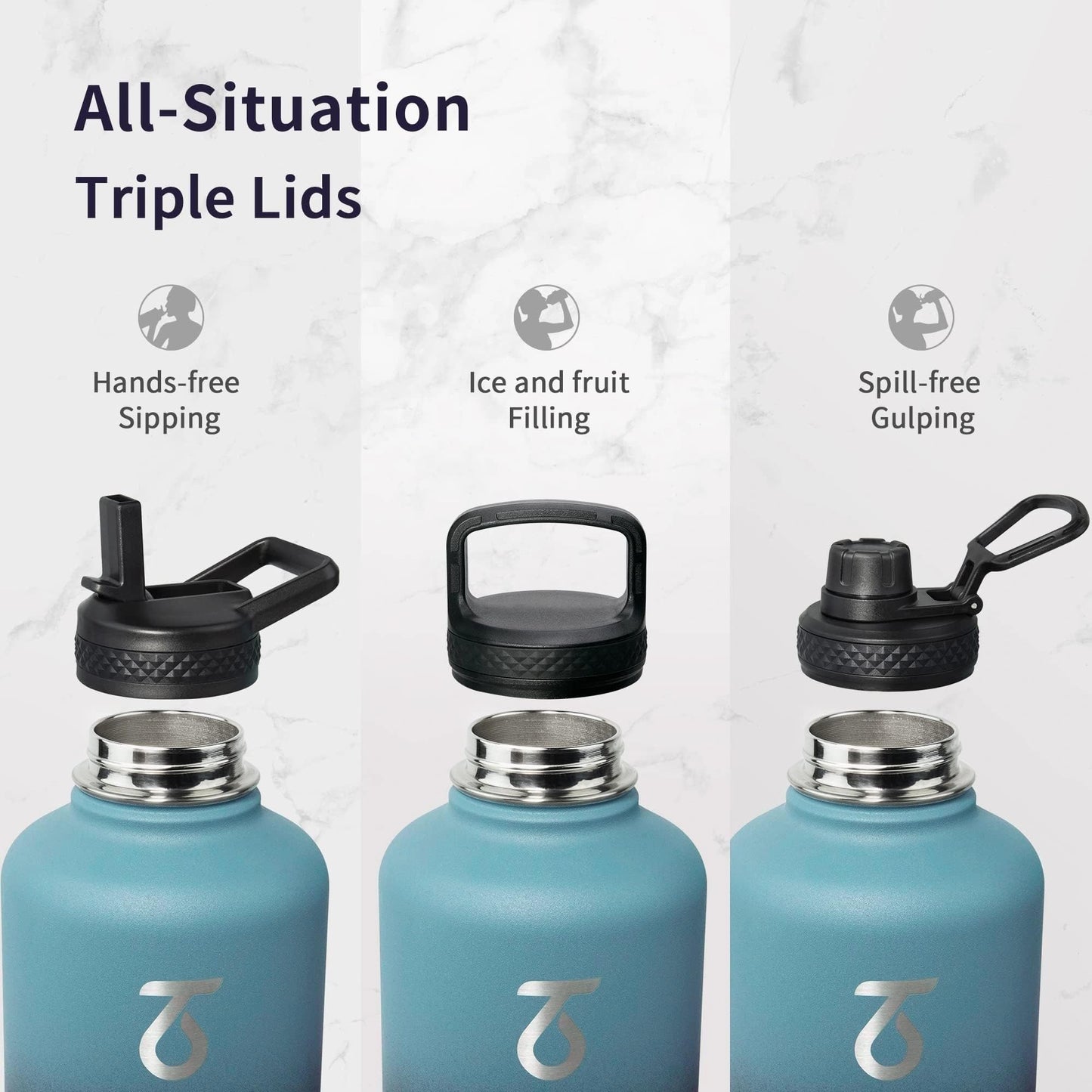 Water Bottle 64oz with Paracord Handle, Trebo Half Gallon Food-Grade Double Wall Vacuum Stainless Steel Insulated Jug with Straw Spout Handle Lids, Leakproof Keep Cold & Hot, Ombre: Indigo/Black