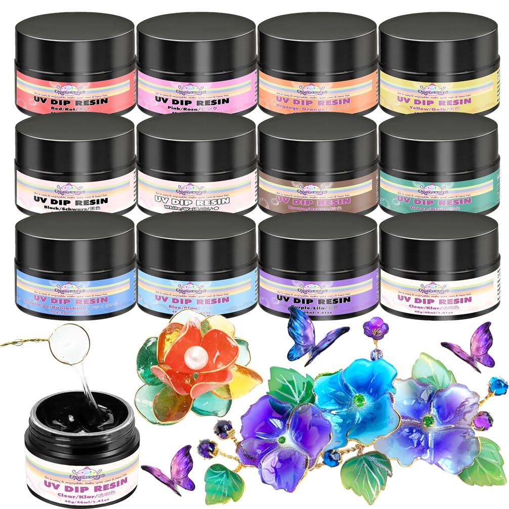 FUNSHOWCASE UV Dip Resin for Wire Flower, Low Odor&Clear UV Resin, UV Dip Resin Liquid for DIY Wire Art, Jewelry Making Glue 12 Color-40ml/Each