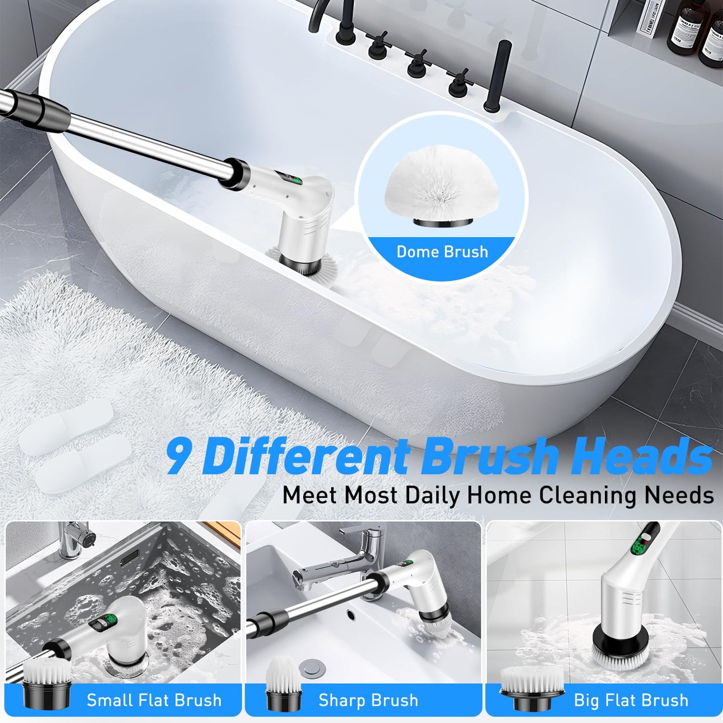 Electric Spin Scrubber, Cordless Cleaning Brush with Adjustable Extension Handle and 9 Replaceable Brush Heads, USB Rechargeable Electric Spin Scrubber for Bathroom