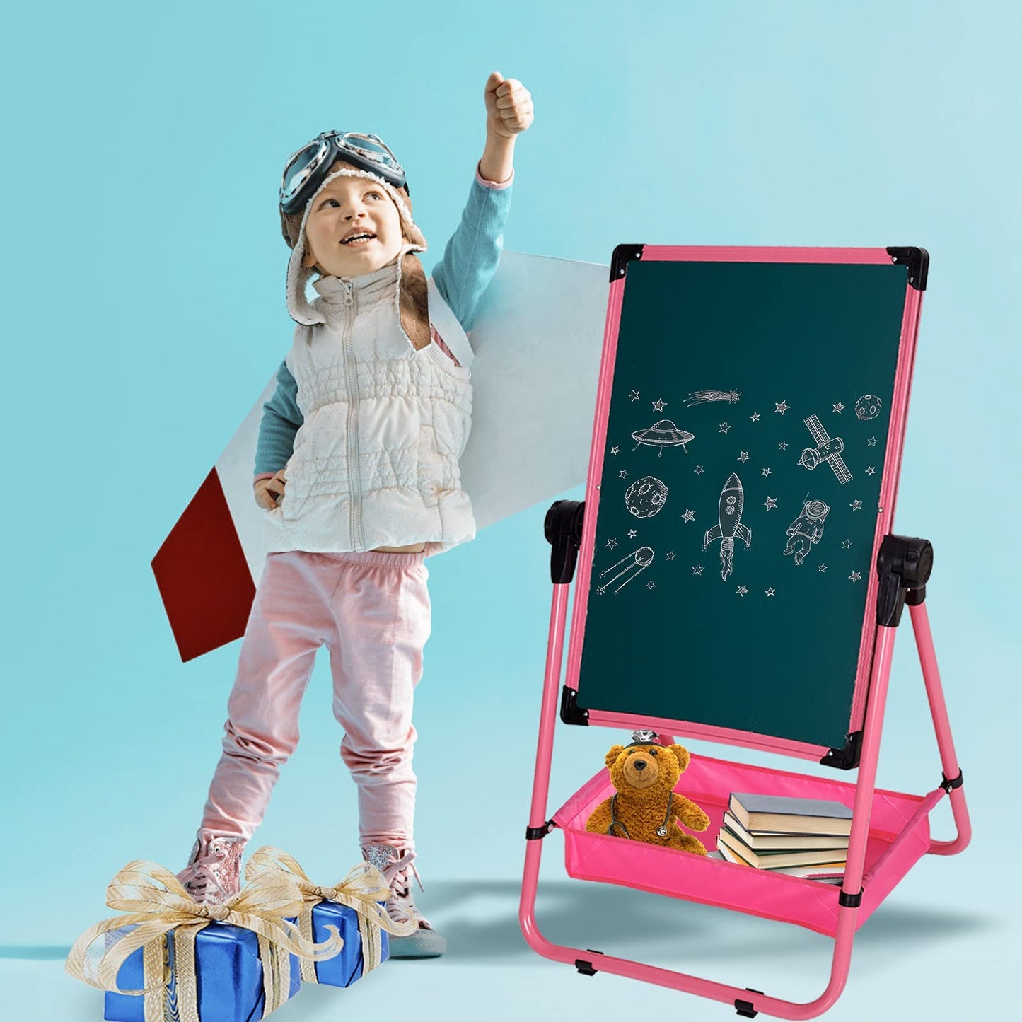 Kids Art Easel Double Sided Whiteboard &Chalkboard Height Adjustable U-Stand 360° Rotating Design (Pink)
