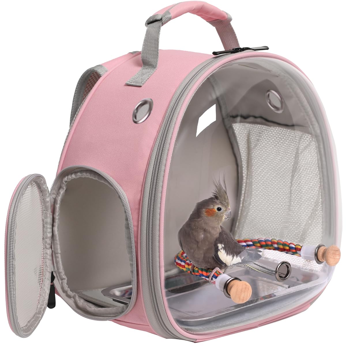 Small Bird Travel Backpack Carrier Cage, Backpack to Transport Backpack Carrier with Metal Tray Stand Perch for Parakeet Cockatiel Budgies Vet Carry Book Bag Green