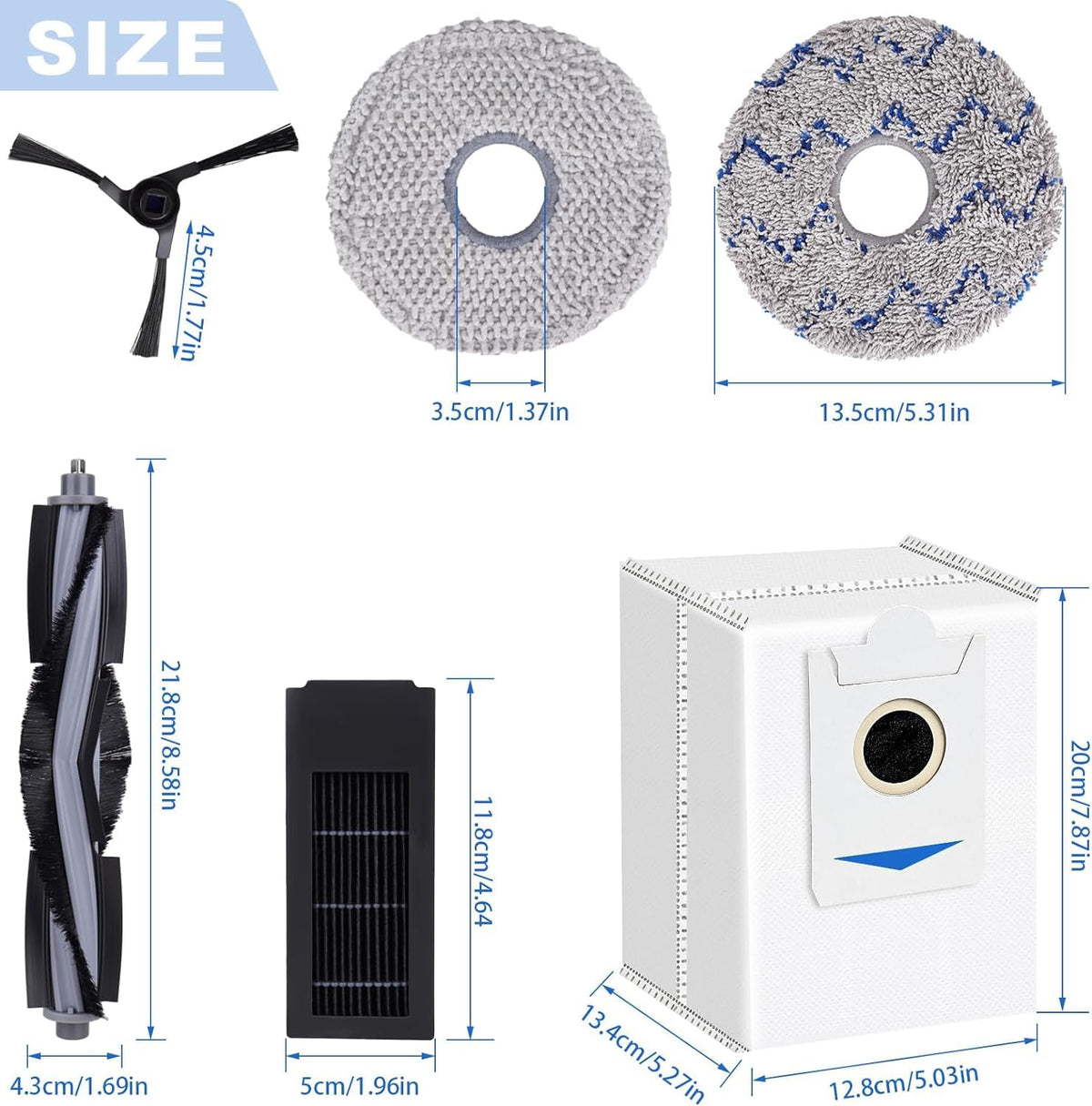 Replacement Accessaries Set for Ecovacs Deebot X2 Omni / X2 / X2 Pro / DEX86 Robot Vacuums, 1 Main Brush, 6 Side Brushes, 4 Filter, 6 Mop Pads, 6 Dust Bag, 1 Brush