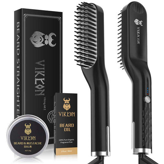 Beard Straightener for Men with FREE Beard Oil and Beard Balm, Fast Anti-Scald Beard Straightening Comb, Double Sided Ceramic Heated Beard Brush 3 Temperature Settings Portable for Travel and Home