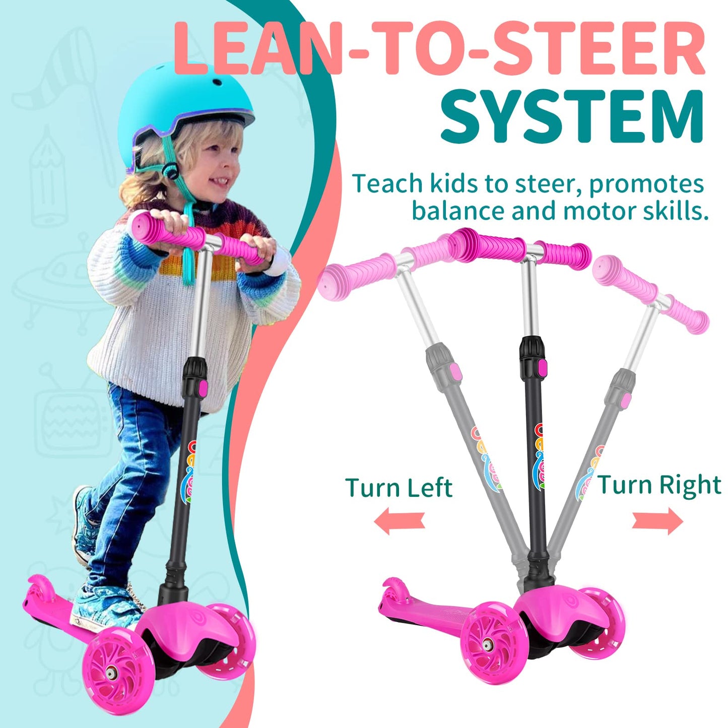 BELEEV A1 Scooter for Kids Ages 2-6, 3 Wheel Kick Scooter for Toddlers Girls Boys, 4 Adjustable Height, Lean to Steer, Light up Wheels, Wide Deck, Easy to Assemble, Lightweight Scooter for Children