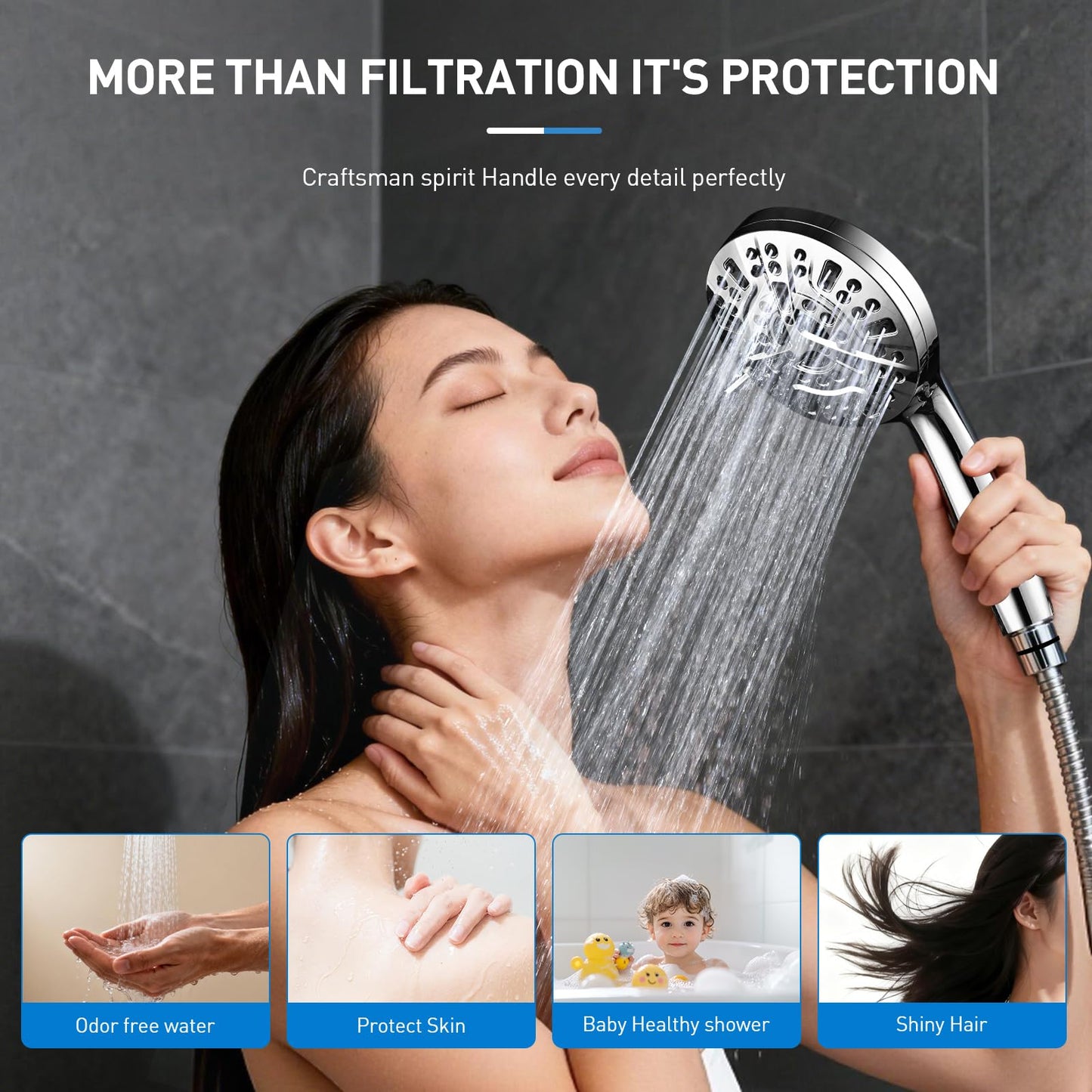 Shower Head, 10-Mode High Pressure Shower Head with Handheld, Non-Clogging Nozzles High Flow Hand Held Shower Head, Shower Head with Leakproof Hose&Metal Bracket