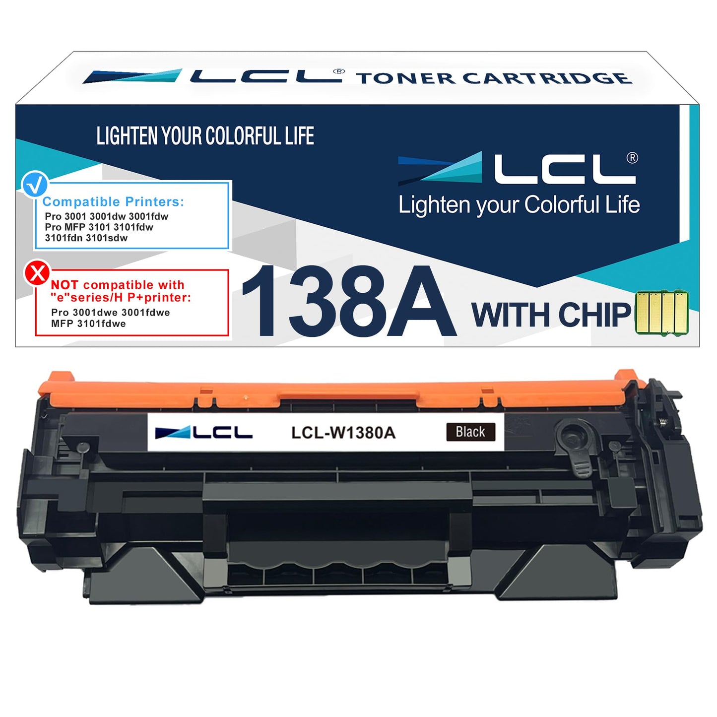 with Chip LCL 138A Black Toner Cartridge Replacement for HP 138A W1380A 138X W1380X Replacement for HP LaserJet Pro 3001 3001dw 3001fdw MFP 3101 3101fdw 3101fdn 3101sdw Printer (1-Pack)