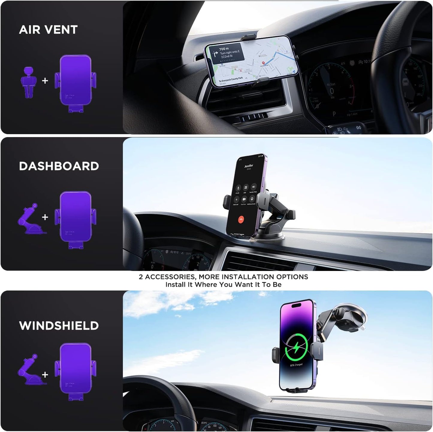 Wireless Car Charger,【7 Colored LED Backlit】 Mosurr 15W Auto Clamping Phone Holder Car Mount Charger for iPhone 16 15 14 13 12 Mini Pro Max 11, Samsung Galaxy S24 Ultra S23 Note 20, etc-Dark Black