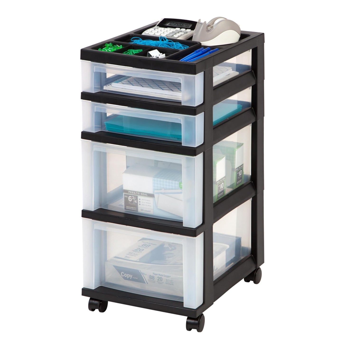 IRIS USA Craft Organizers and Storage, Rolling Storage Cart for Classroom Supplies, Storage Organizer Art Supplies, Drawer Top Organizer for Small Parts, 4 Drawers, Black