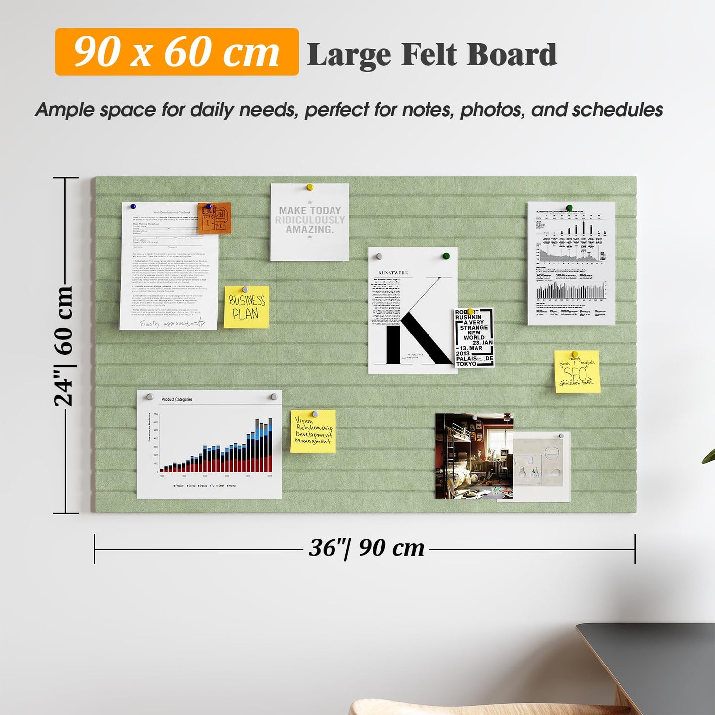 Large Felt Bulletin Board 90 x 60cm Cork Board Alternative - 6 Pack Slat Wall Paneling with 30 Pushpins, Pin Boards for Home Office Classroom Notice Board