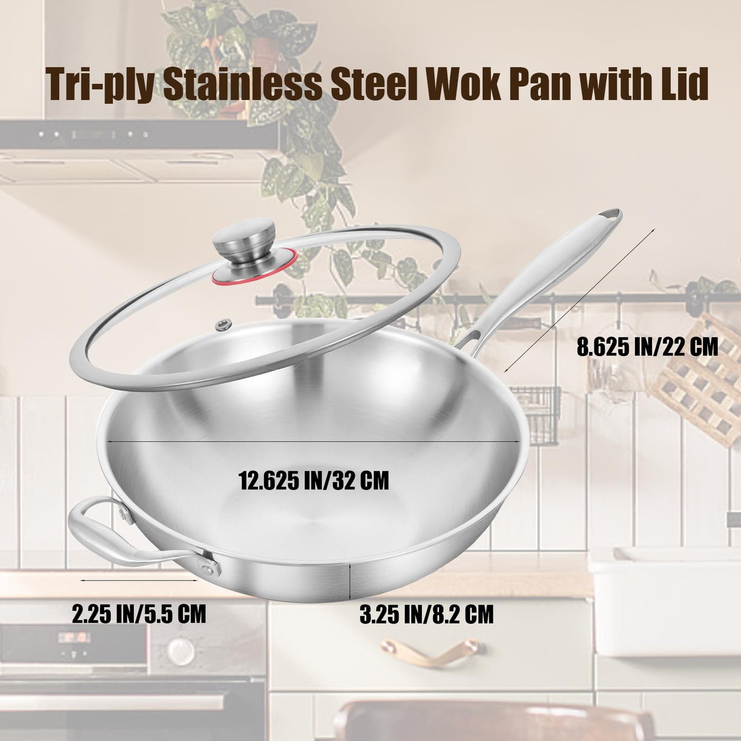 LOLYKITCH 12 Inch Tri-Ply Stainless Steel Wok Pan with Lid, Stir-Frying Pan,Induction Cooking Pan,Dishwasher and Oven Safe,Heavy Duty and Detachable Handle
