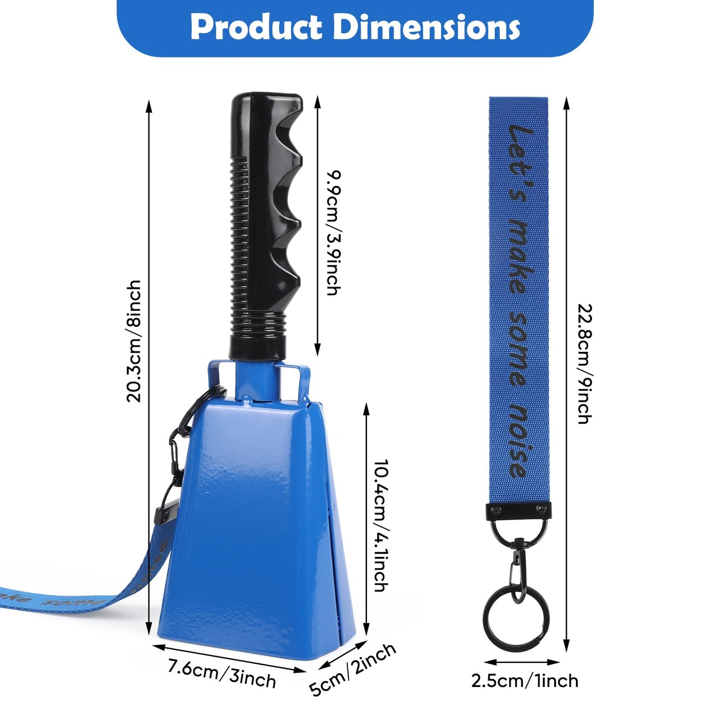 Cow Bells Noise Makers with Handle: Cowbells Hand Percussion for Sporting Events with Wrist Strap - 2pcs 8 Inch Large Loud Cheering Bell for Football Games Graduation (Blue)