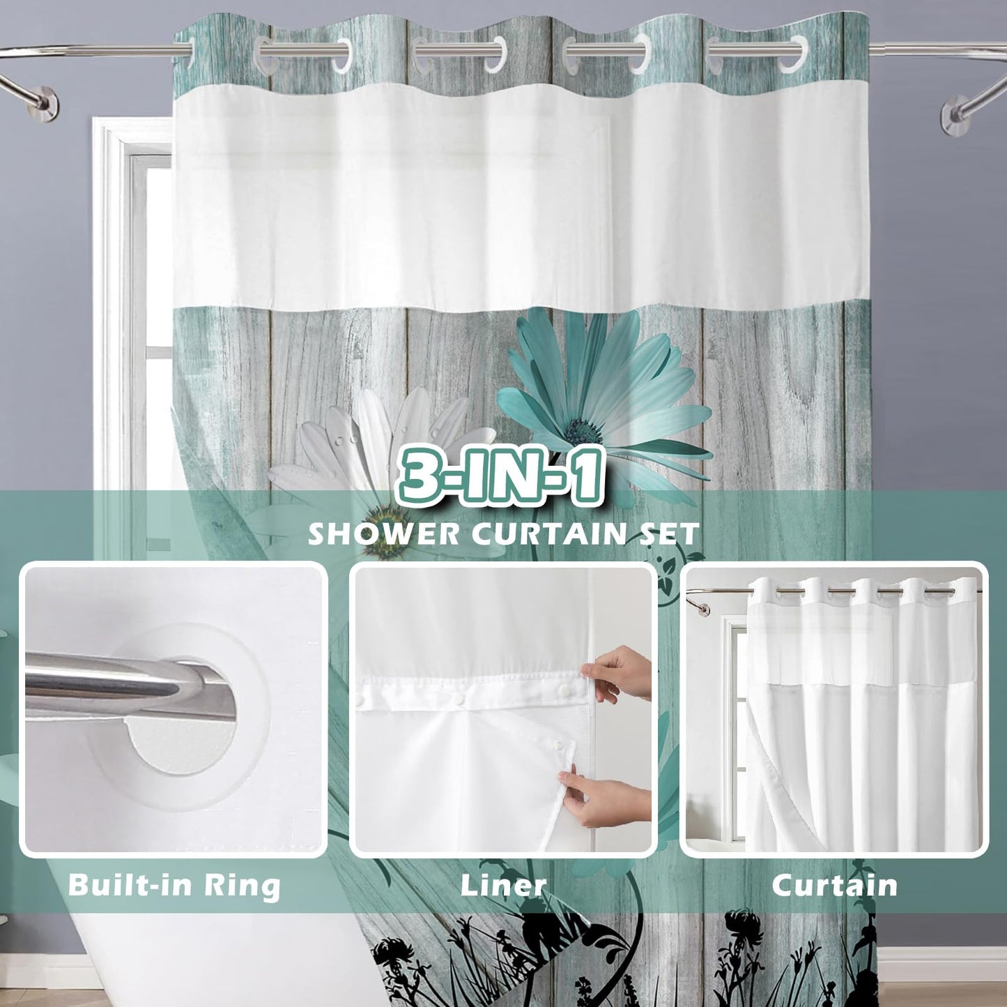 Shellspace No Hook 3 in 1 Shower Curtain with Snap in Liner, Teal and White Daisy Shower Curtain Set with See Through Top Window, Machine Washable Waterproof Polyester Fabric Bath Curtain, 71 x 74 in