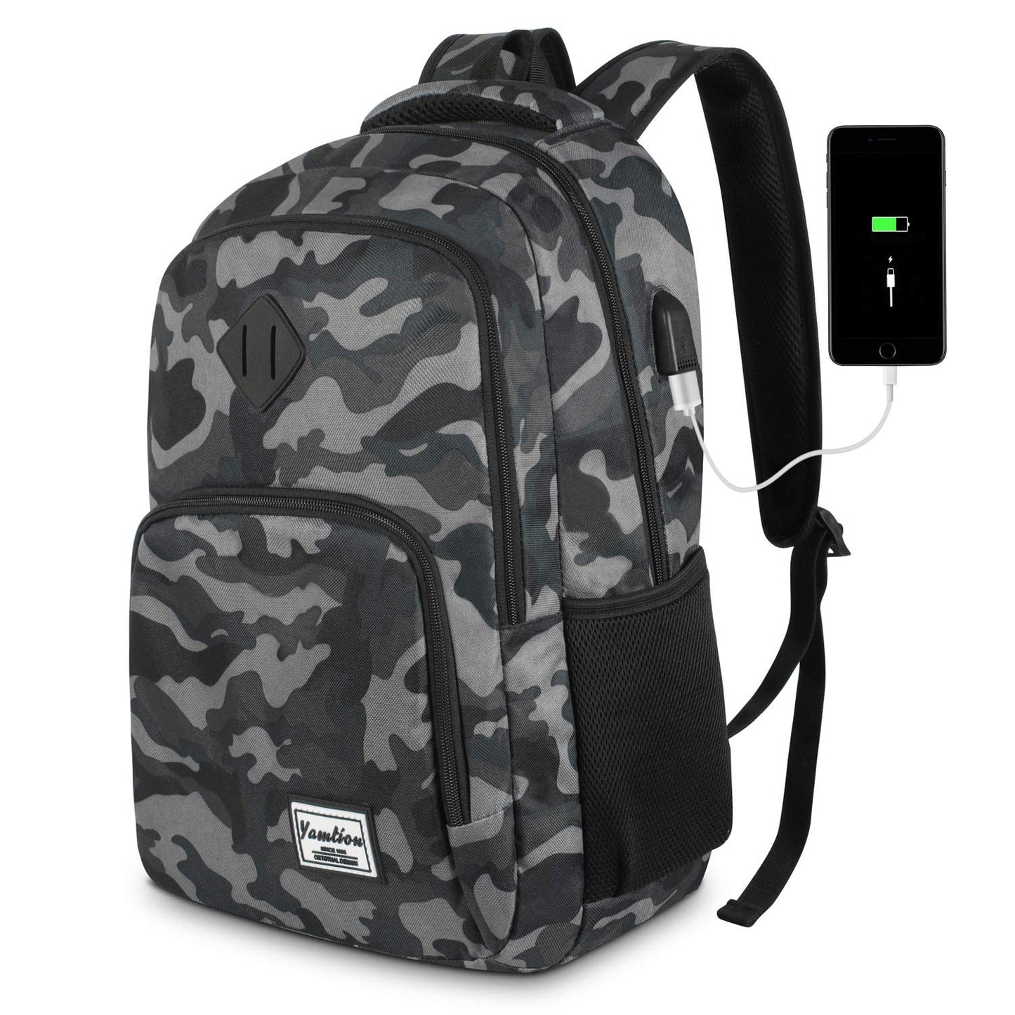 YAMTION 17 Inch School Backpack for Teen Boys,Bookbag for High School College Backpack with USB,Camouflage Black