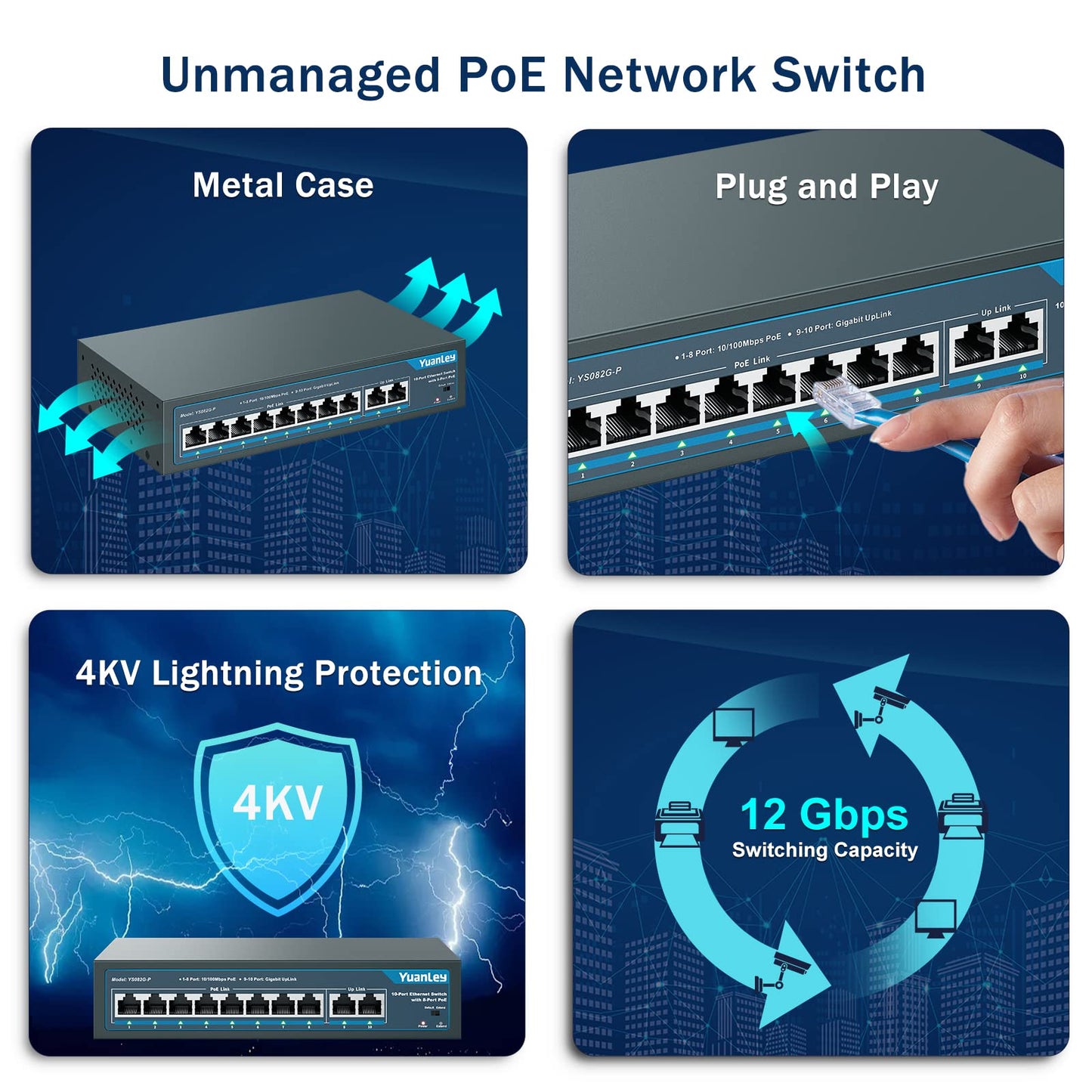 YuanLey 10 Port PoE Switch, 8 PoE Port 100Mbps, 2 Uplink Gigabit, 120W 802.3af/at, Extend Function, Metal Fanless Unmanaged