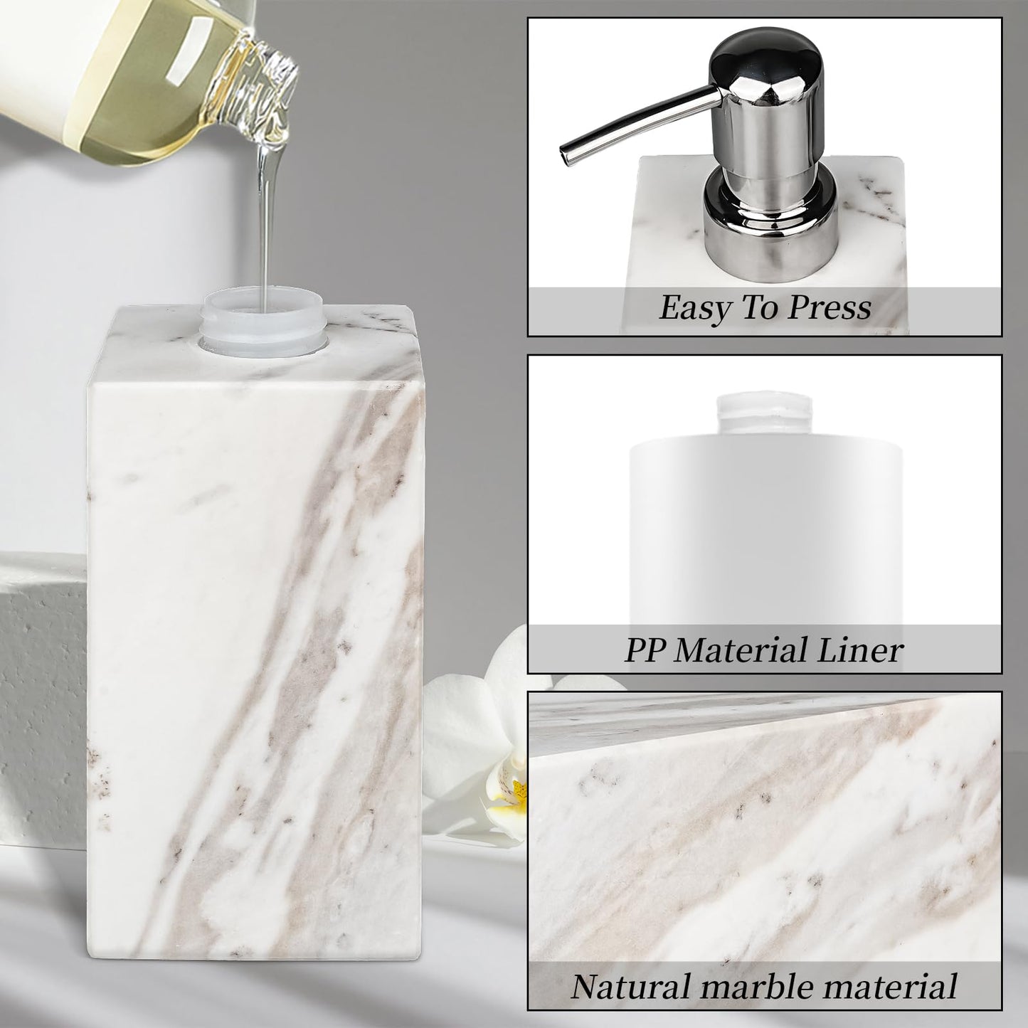 Amaauto White Marble Soap Dispenser for Bathroom and Kitchen Countertop - Lotion and Liquid Soap Dispenser, 6.7 Ounces Soap Bottle with Pump