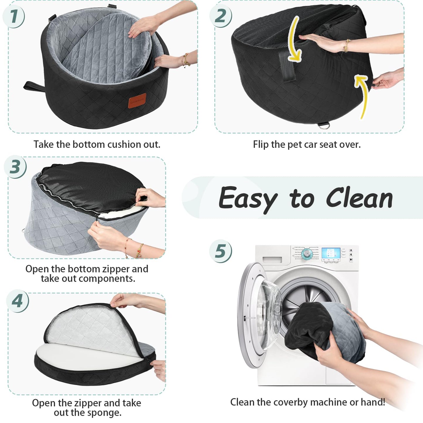 Lealchum Dog Car Seat Up to 30 lb Dogs, 2 Adjustable Safety Dog Leashes, Pet Washable Travel Car Seat with Non-Slip Bottom, Easy to Install and Removable, Covered with Soft Fabric (Black/Grey, Small)