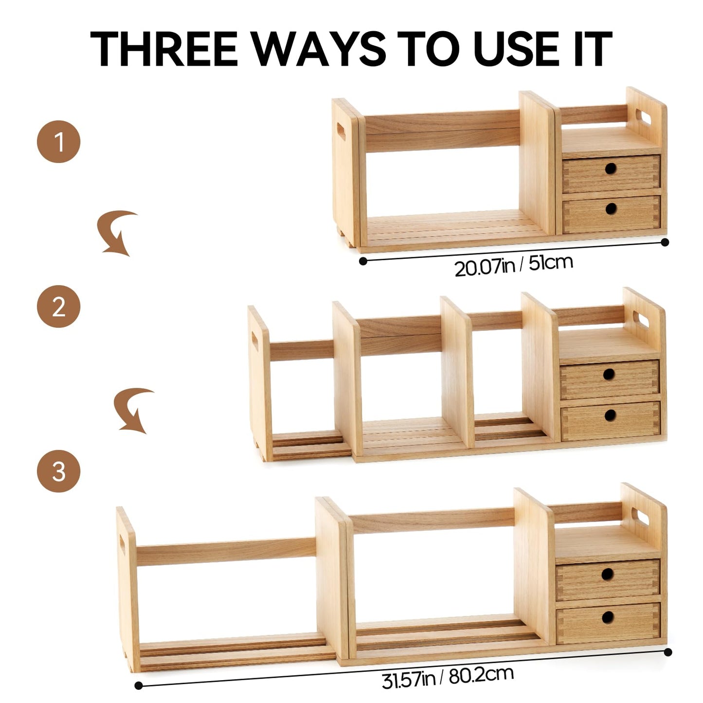 KIRIGEN Wood Adjustable Desk Orangizer Storage Expanable Desktop Bookshelf Fully Assembled Bookcase Adjustable Book Rack with Drawer for Office SSSJ-L-NA