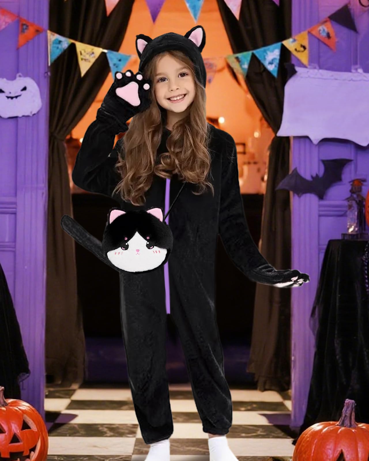 Trsenvrml Girls Halloween Costume Kids Cat Cosplay Black Dress Up for Girl Hooded Halloween Romper Jumpsuit (Cat, 6-7T)