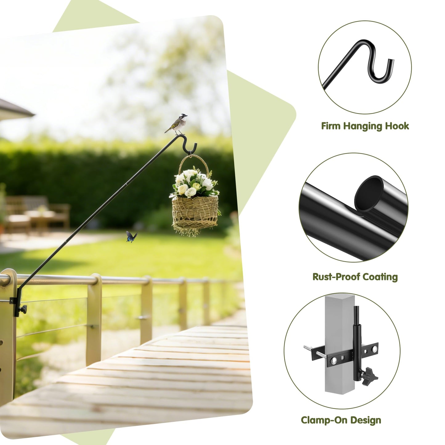 MIXXIDEA Heavy Duty Extended Fence Deck Hook Rail Hook Bird Feeder Hook, 360 Degree Rotary and Length Adjustable Plant Bracket for Bird Feeders, Planters, Suet Baskets, Lanterns, Wind Chimes and More