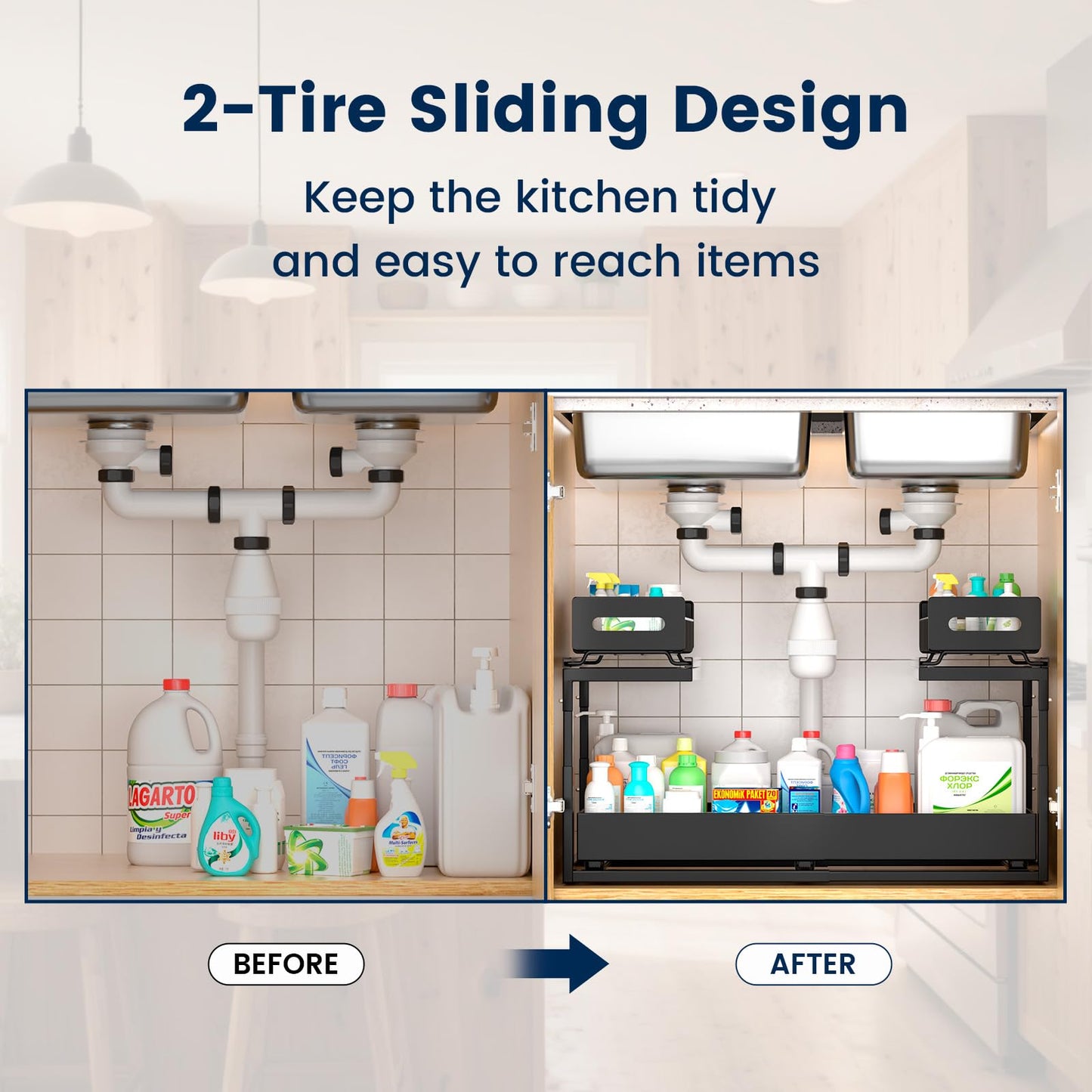 Under Sink Organizer, 2 Tier Expandable Pull Out Cabinet Organizer, Bathroom Organizers, Slide Out Organizer for Kitchen, Bathroom, Pantry & Closet, Kitchen Organizers and Storage (Black)