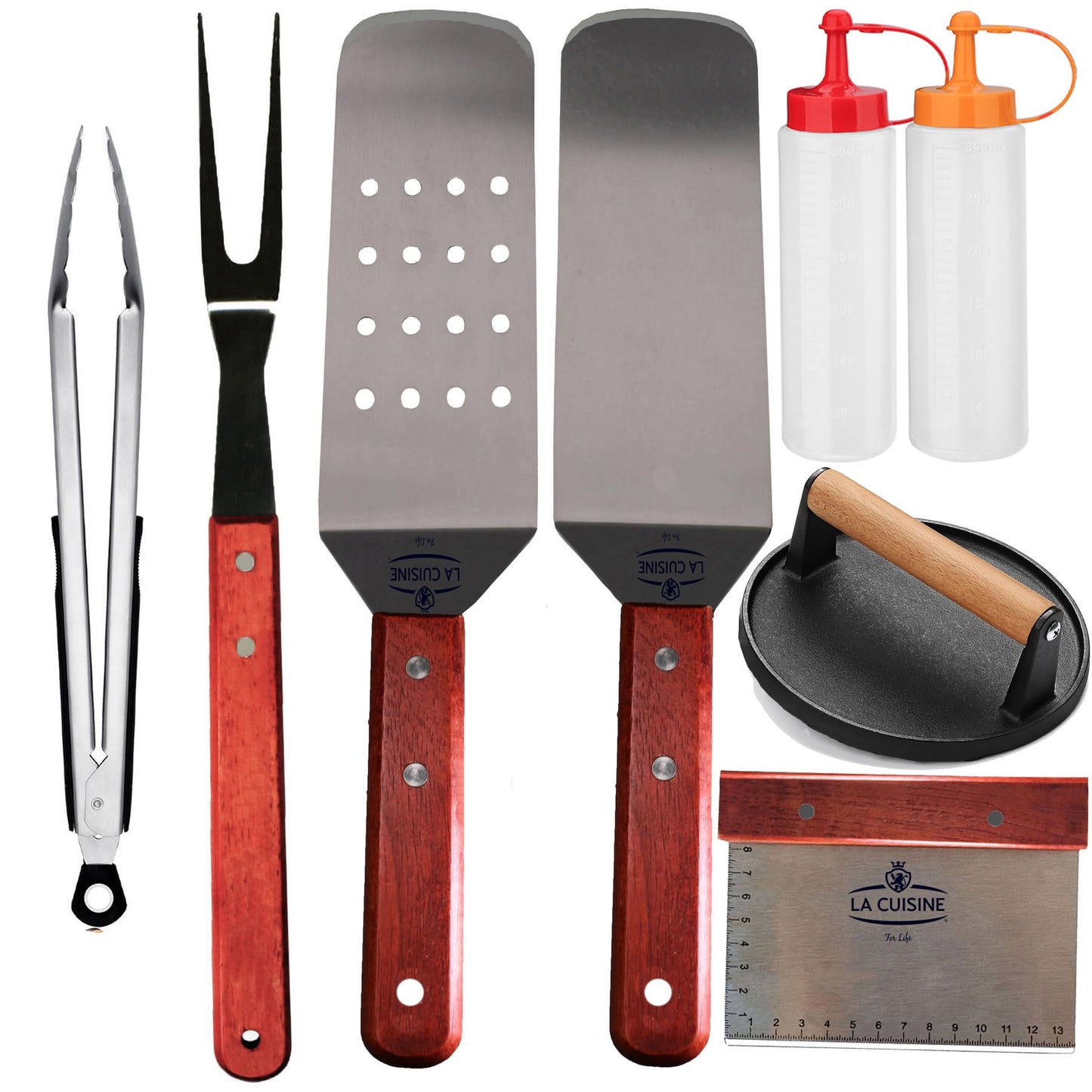 La Cuisine 8 PCs Flat-Top Griddle BBQ Accessories Kit Including Solid & Perforated Spatulas, Fork, Tong, Cast Iron Meat Press, Condiment Squeeze Bottles for Grilling Hibachi and Teppanyaki Cooking