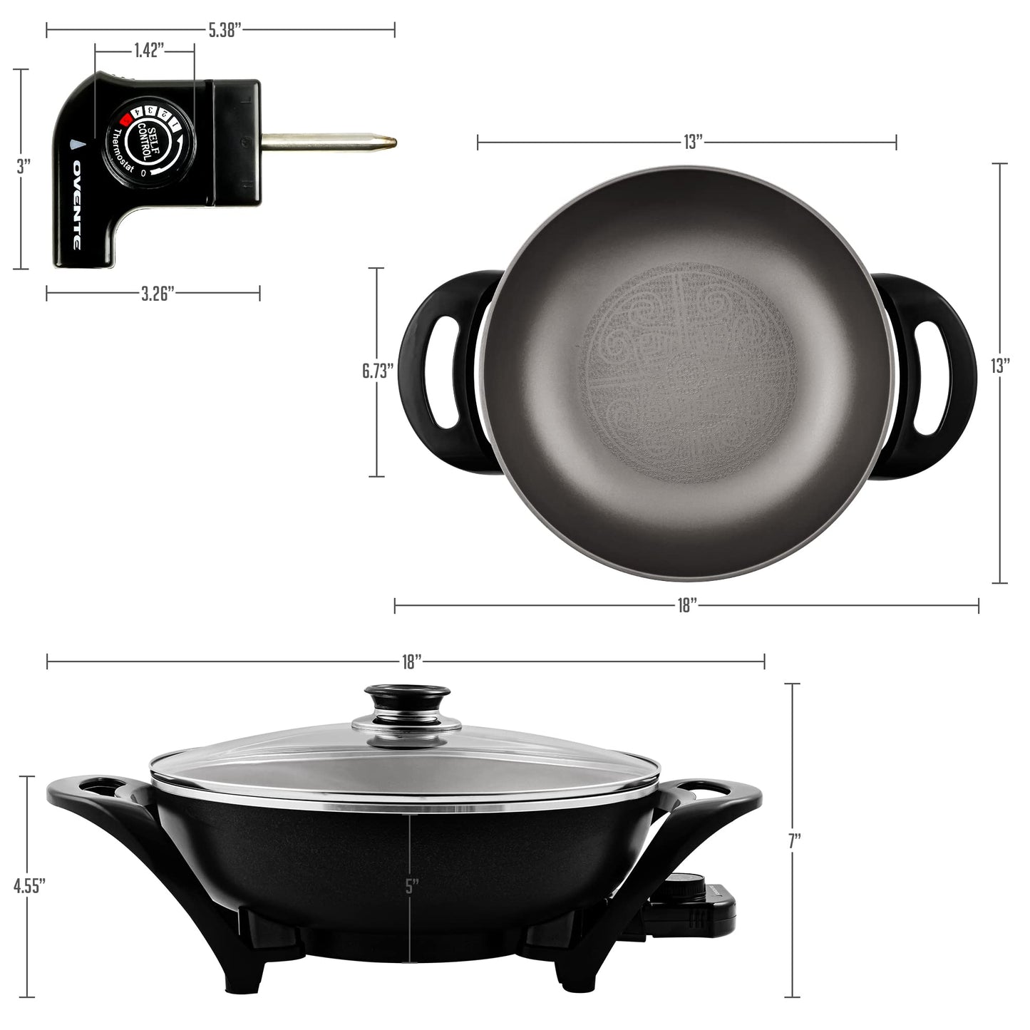Ovente Sk3113B Non-Stick Electric Skillet with Aluminum Body, 13 Inch, Adjustable Temperature Controller/Regulator Included, Tempered Glass Cover, Cool-Touch Handles