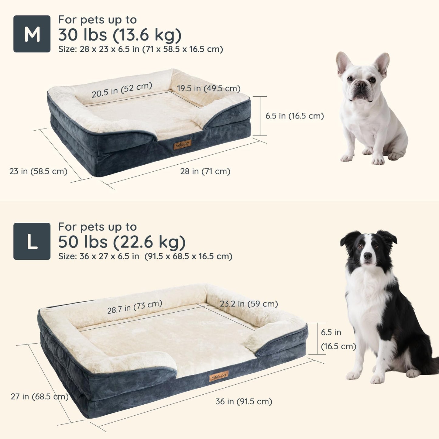 BELLA & PAL Orthopedic Dog Sofa Bed for Medium/Large Dogs – No Assembly Needed, Egg-Crate Foam Dog Couch with Waterproof Liner, Washable Removable Cover, Non-Slip (Gray, 91.5L x 68.5W x 16.5H cm)