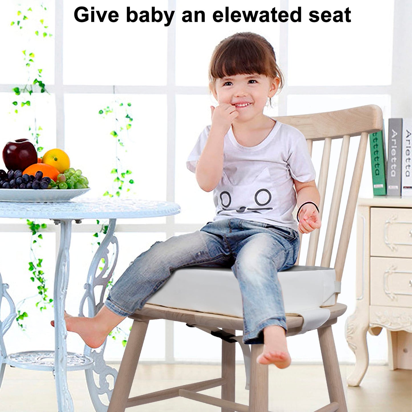 Kalawen Booster Seat for Eating, Upgraded PU Washable Straps Safety Buckle Toddler Booster Seat for Dining Table Portable,Gray