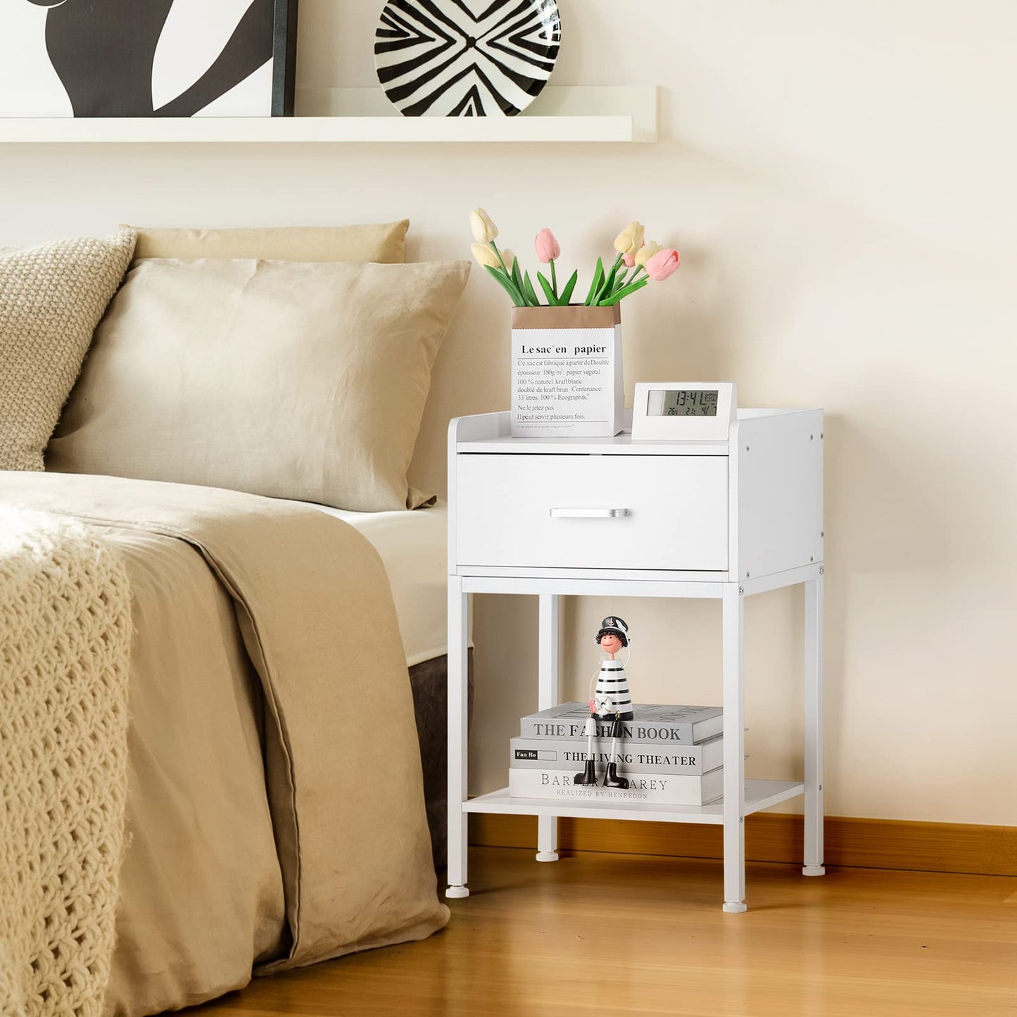 OYEAL White Nightstand, End Table with Charging Station 2-Tier Side Table with Drawer and Storage Shelf, Rustic Bedside Night Stand for Bedroom, Living Room, Easy Assembly, White