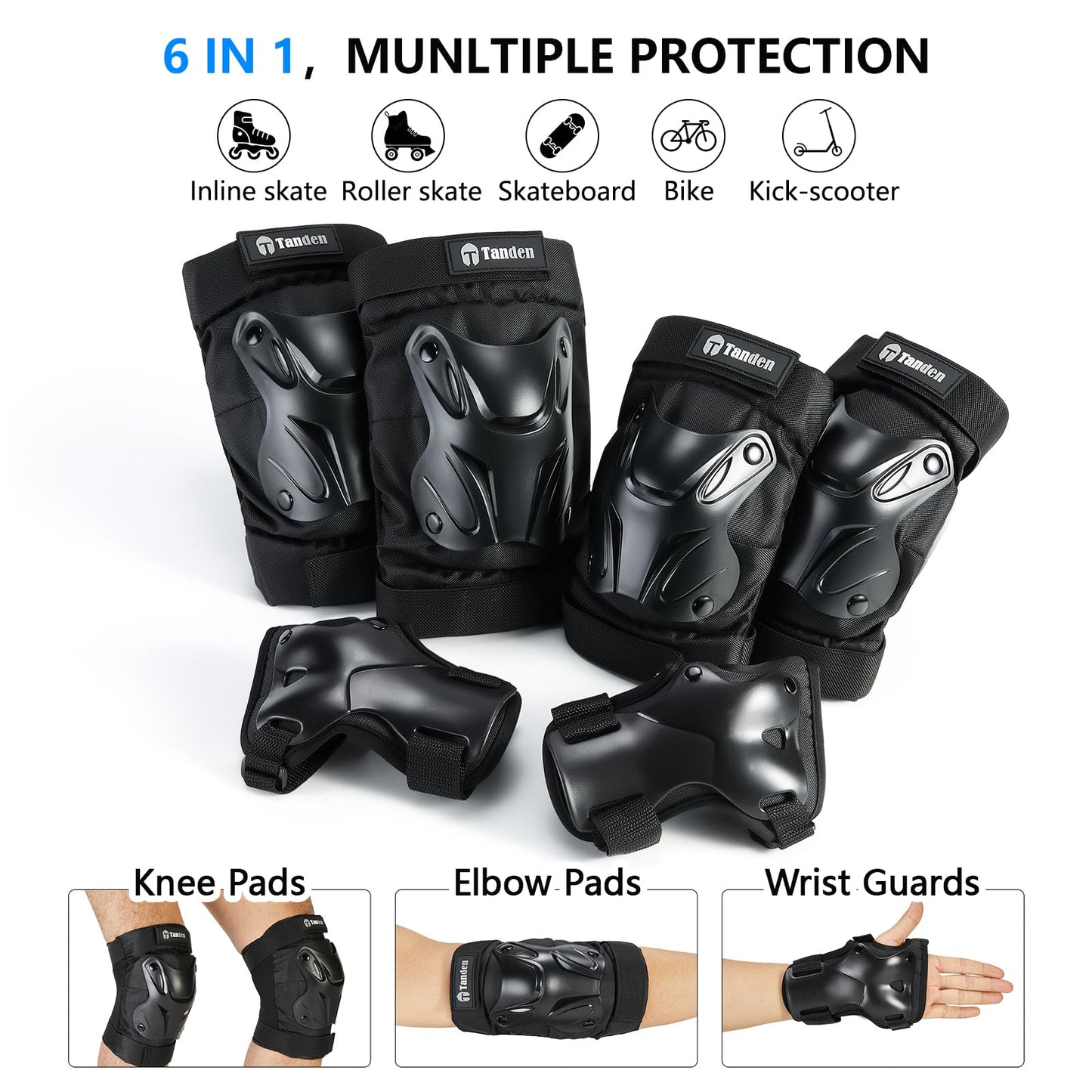 Tanden Skating Protective Gear Elbow and Knee Pads Adult, Knee Pads for Men Women Elbow Pads Wrist Guards for Roller Skating Cycling Skateboarding Black