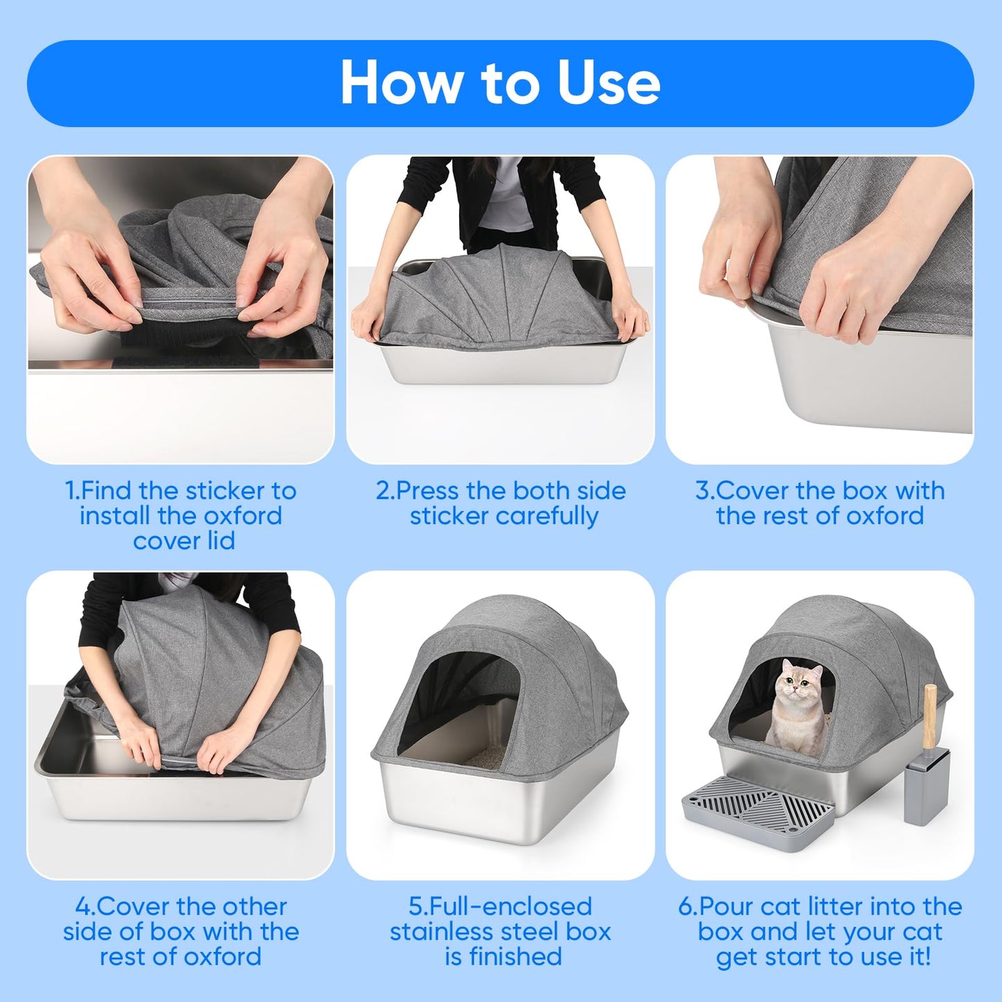 Enclosed Stainless Steel Cat Litter Box with Oxford Lid, 24" Lx16 Wx17 H Extra Large Litter Box for Big Cats, Anti-Leakage, Odor Control Litter Pan Tray with Litter Scooper,Non Stick Smooth Surface
