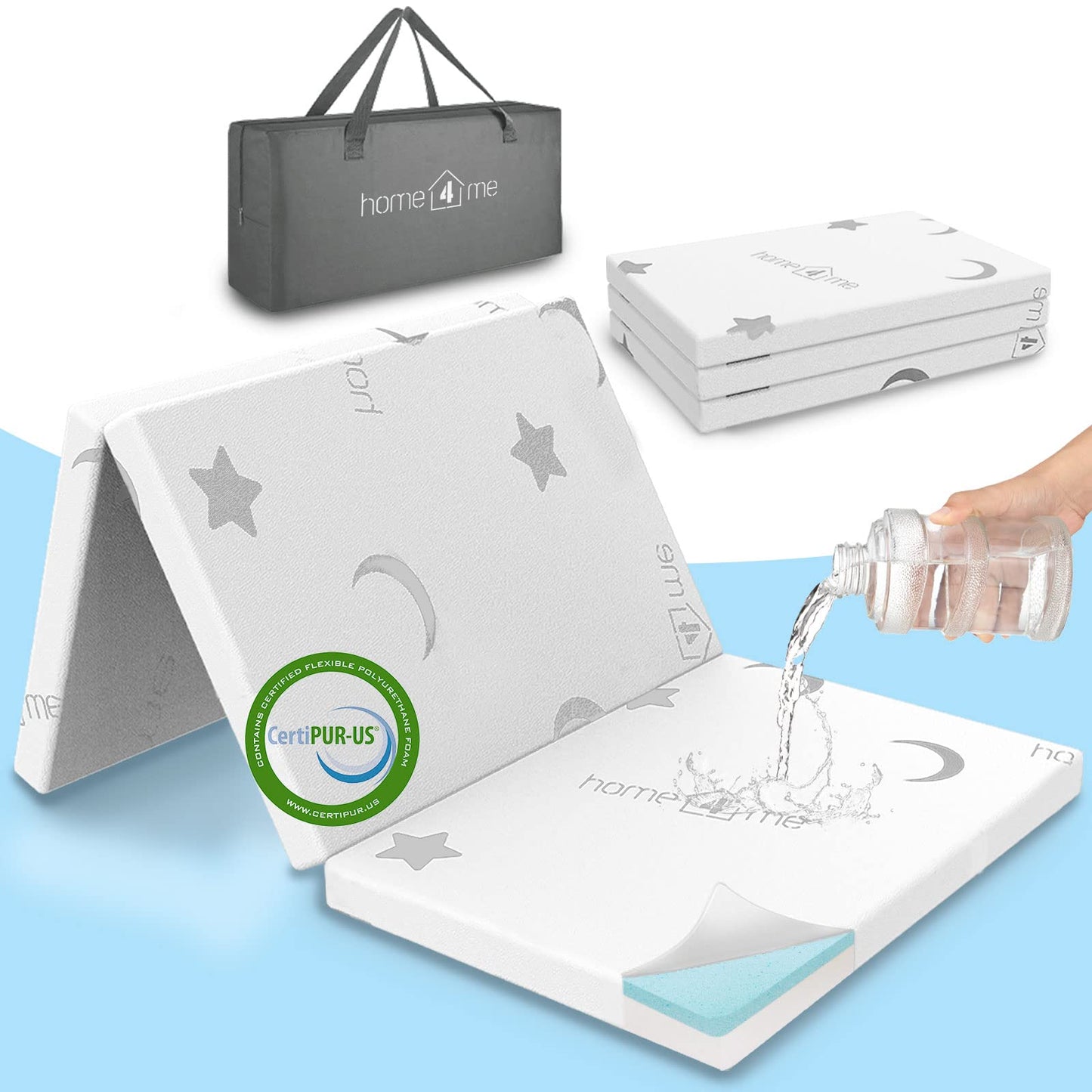Home4me Pack and Play Mattress, 38" x 26" x 2.4", Portable, Trifold, Waterproof, Dual Sided (Firm & Soft) Mini Crib Mattress, Toddler Memory Foam Mattress Pad for Play Pen