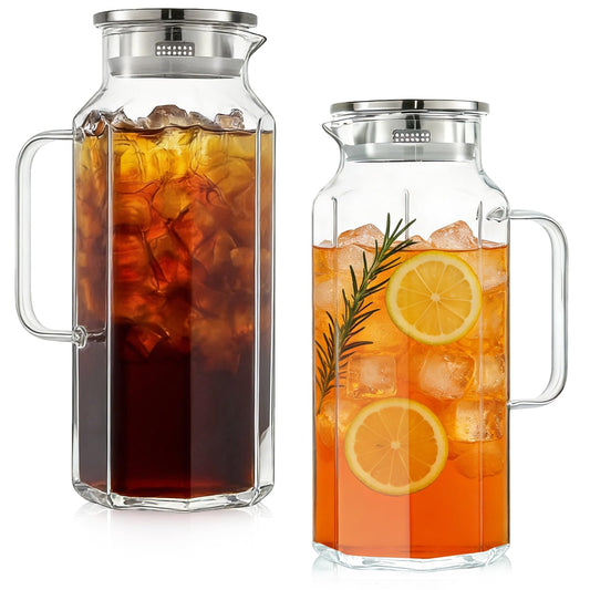 2 Pack 2 Liters/68 oz Octagon Glass Water Pitcher with Lid and Spout, Water Pitchers with Handle for Fridge, Borosilicate Glass Carafe for Hot/Cold Drink, Extra Large Jug for Iced Tea, Coffee.